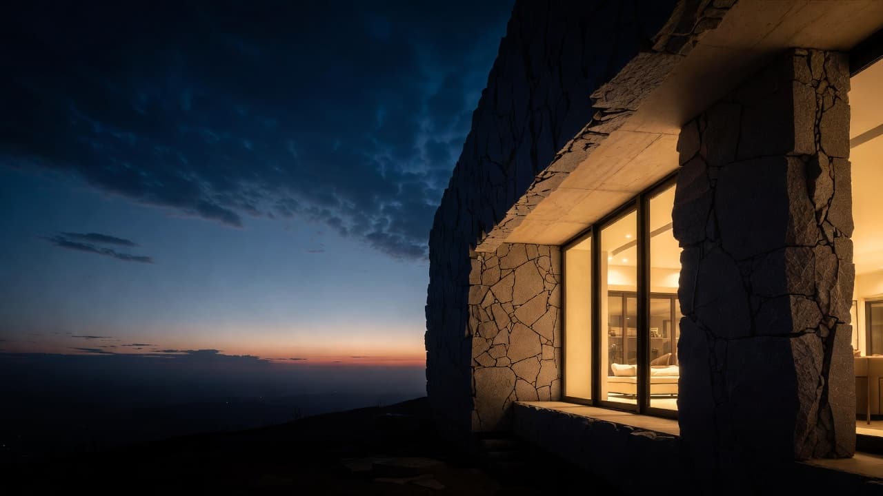 Moradia remodelada em granito e vidro ao anoitecer, com luz quente no interior